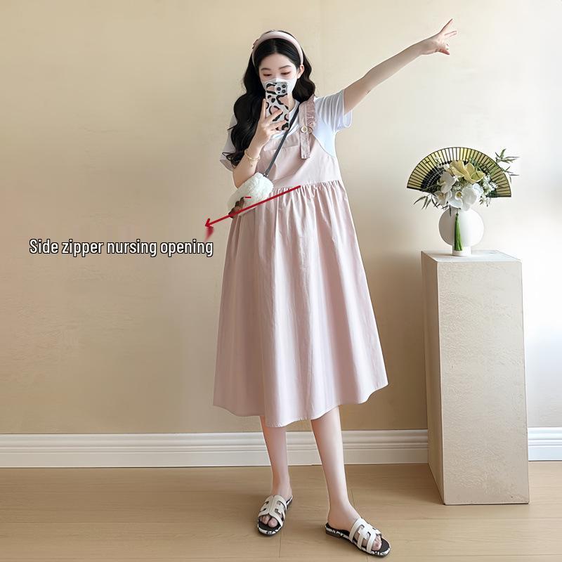 Korean Style Summer 2026 Maternity Nursing Dress - Fake Two-Piece Design XL