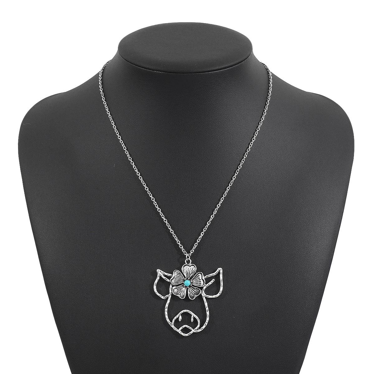 

Vintage ethnic style geometric turquoise necklace, fashionable cactus flower cow head collarbone chain