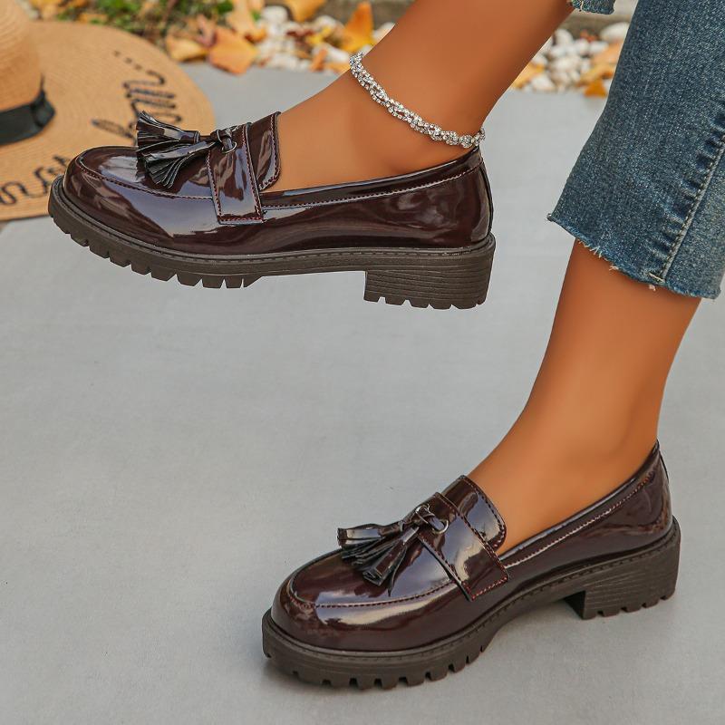 Large Size Spring and Autumn Platform Leather Shoes Tassel Loafers Single Shoes Women