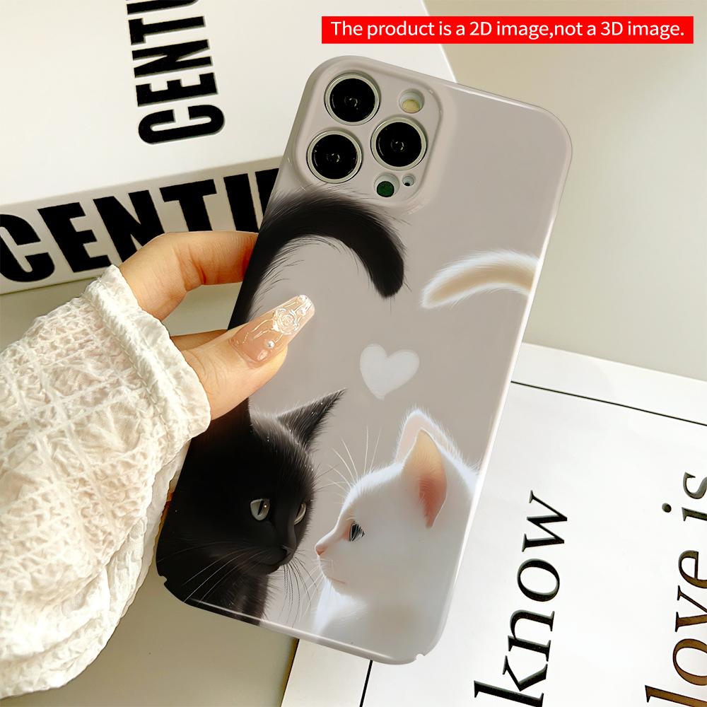 Black & White Cats Heart Tails All Inclusive Film Hard Phone Case, Compatible with iPhone 18 Pro Max 17 16 15 14 13 12 11