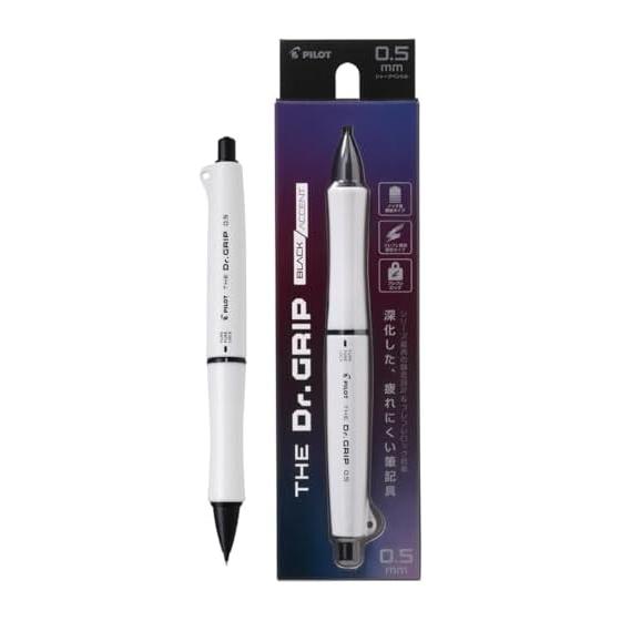 PILOT Dr. Grip Black Accent 0.5mm Matte White HTDGB15MW Shake-to-Lock Quiet Design Ergonomic Pen