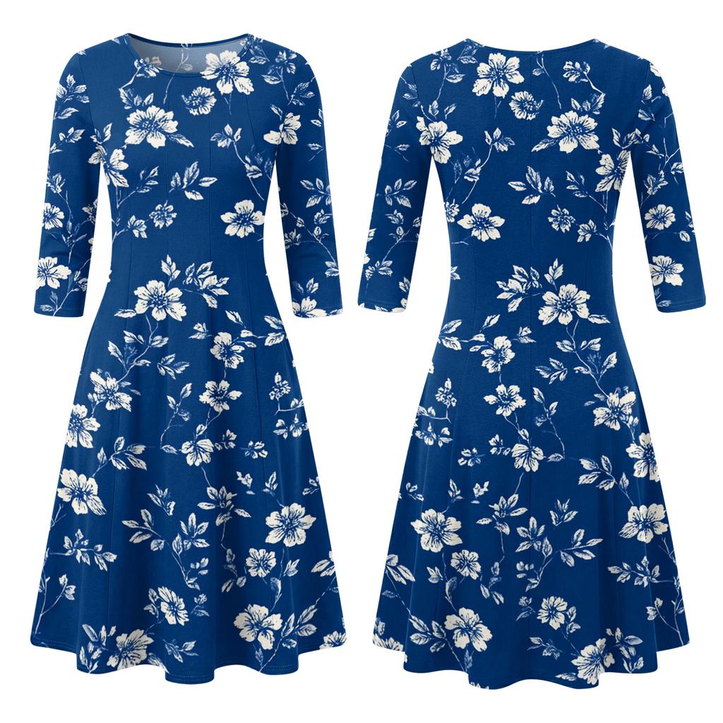 Women's Casual Fashion Round Neck Three Quarter Sleeve Printed Midi Dress