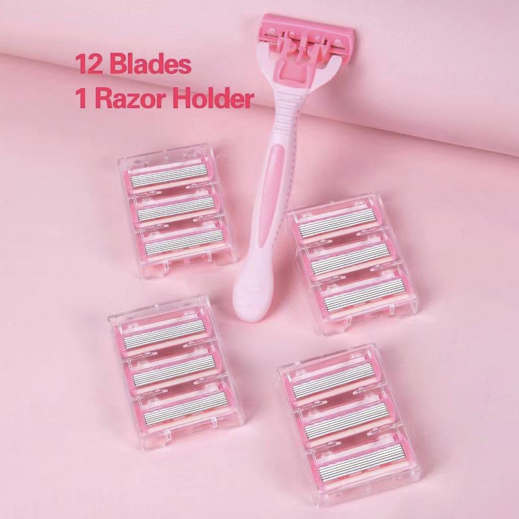 

Женская 6-слойная бритва из нержавеющей стали для ручного бритья подмышек и ног 1 handle + 12 blades