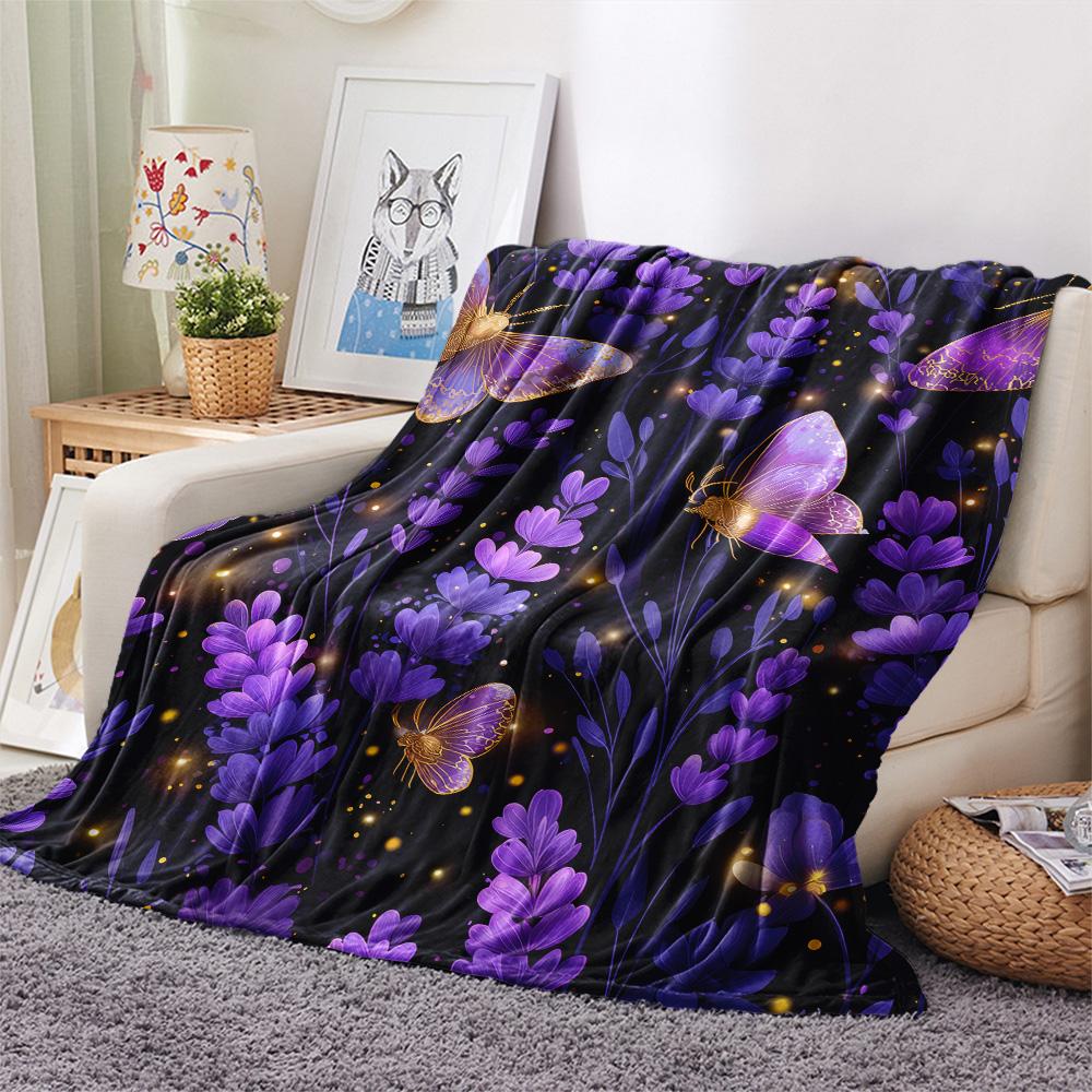 Purple Flower Butterfly  Print Flannel Blanket, High quality Comfortable for All Seasons, Home Decor, Warmth and Comfort