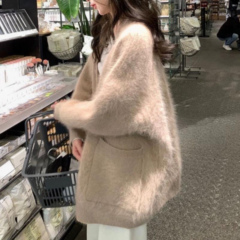 Mink fleece cardigan sweater jacket women's autumn, winter and early autumn new lazy thickened medium and long knitted