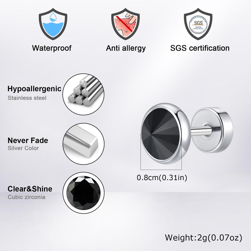 Vnox Multi-faced Cut Zircon Stone Earrings for Men Boys, Screw Back Stud Barbell Shaped Earrings,Black Stainless Steel Jewelry