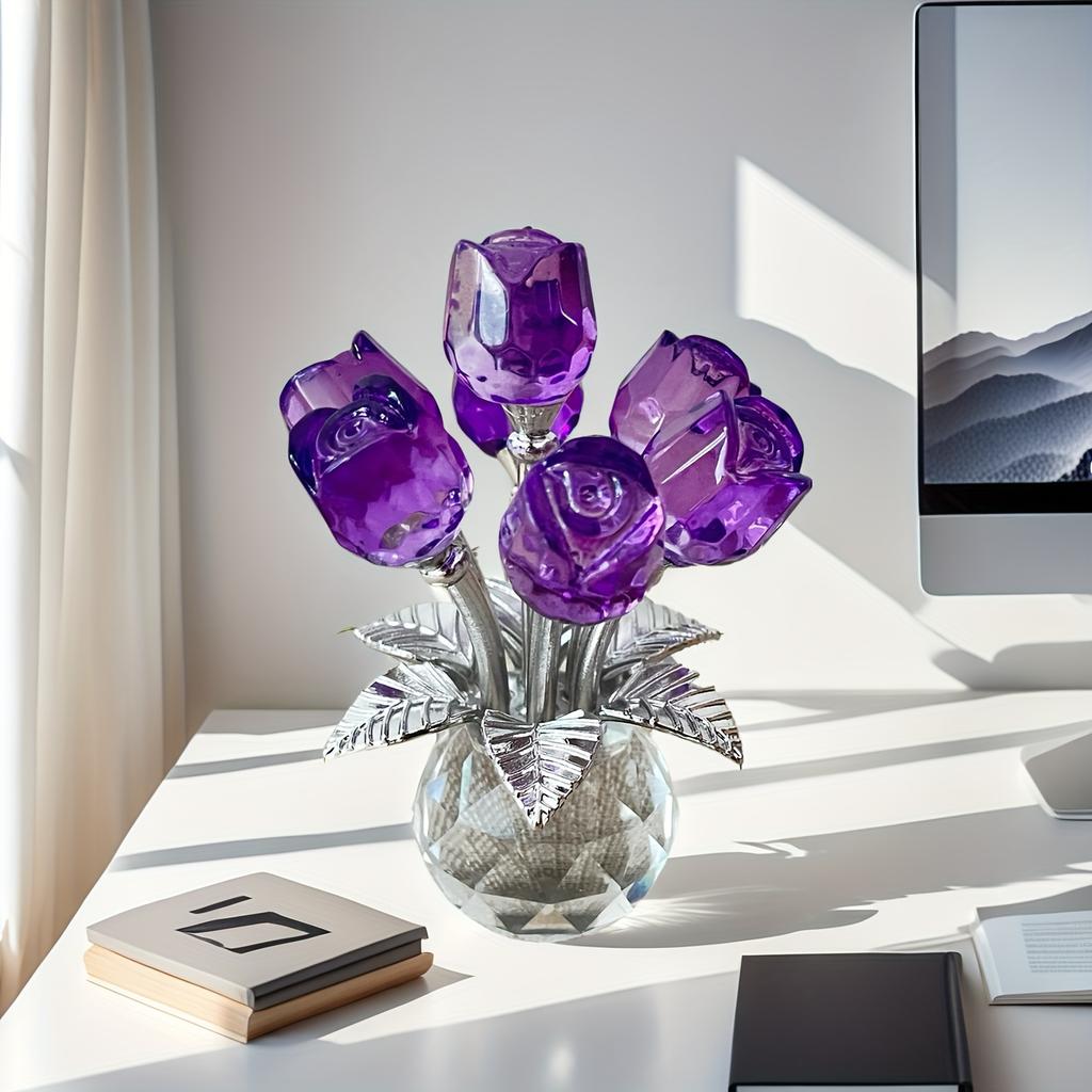 Exquisite Crystal Glass Rose Sculptures - Elegant Red, Blue & Pink Floral Decor with Sparkling Leaves, Multi-Room Home Décor for Bedroom, Kitchen..