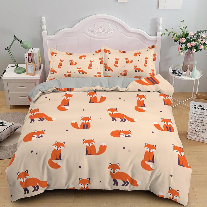 Comforter Cartoon Fox King Queen Lovely Orange Animal Floral Bedding Set Kids Girls Flowers Plant 2/3Pcs