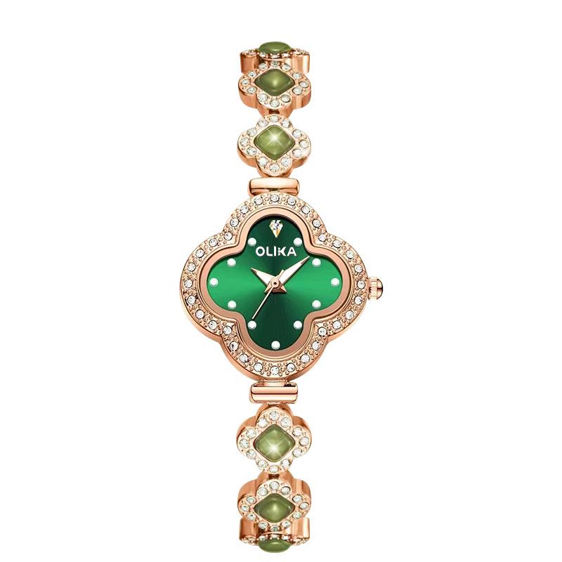 Four-Leaf Clover Women's Luminous Chalcedony Bracelet Watch - Fashionable, Waterproof, High-End Quartz Design.