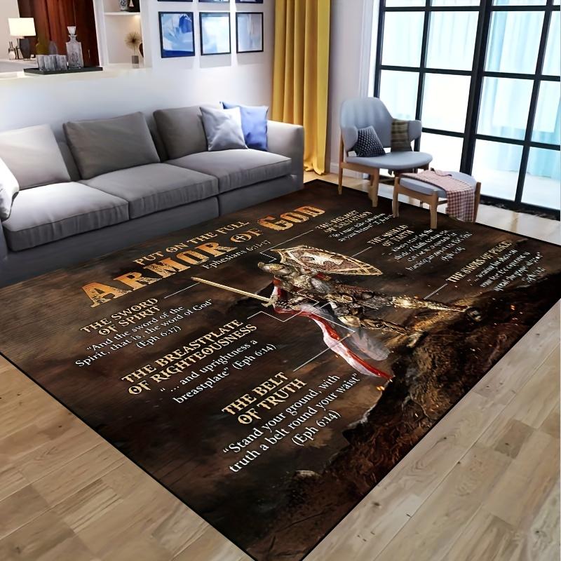 God Armor Bible Verse Mat - 2D Flat Non-Slip Floor Mat for Bedroom - Washable Christian Home Decor Living Room Area Carpet Rug