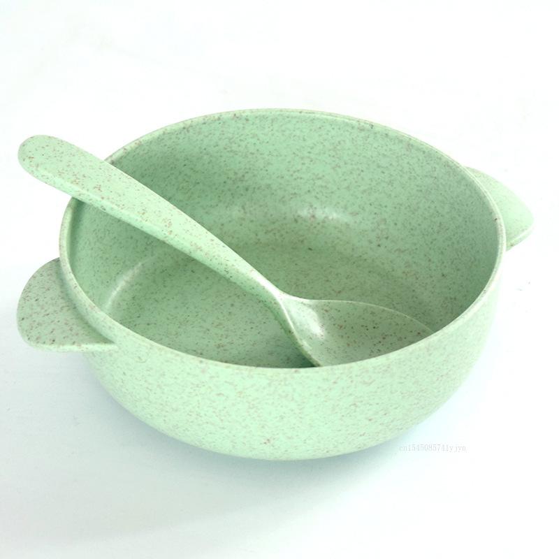 2pcs/set Wheat Straw Bowl with Spoon Lightweight Reusable Dessert and Salad Bowl Durable Breakfast Soup Bowl Children's Bowls