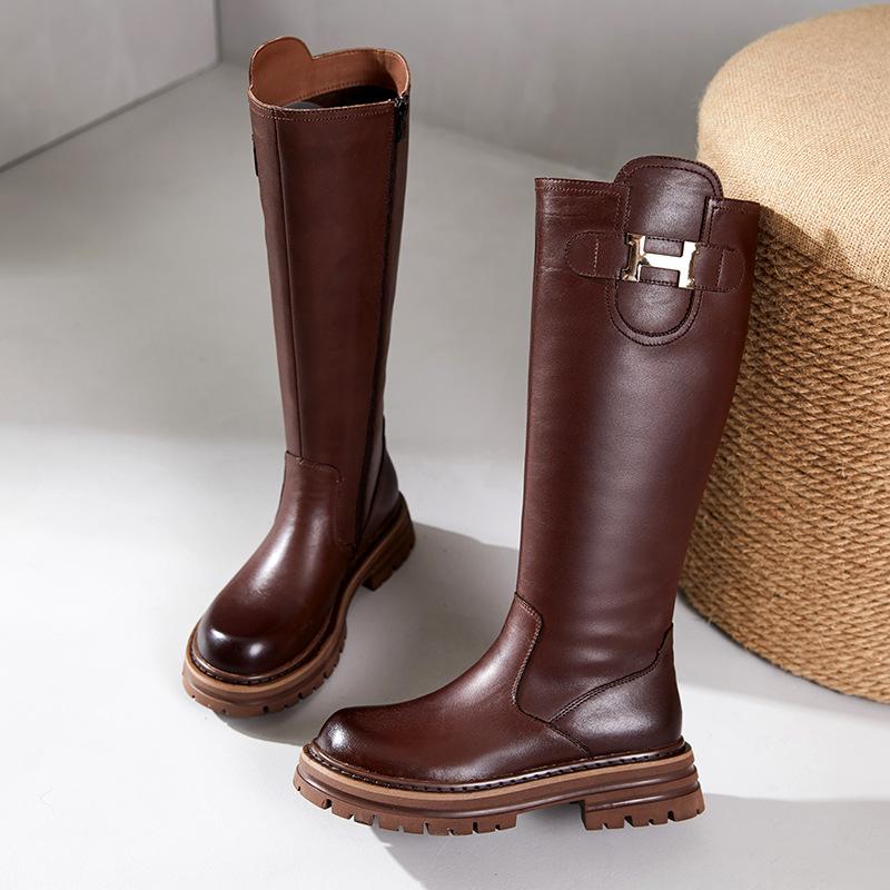 

[Эмбрион телячьей кожи] Сапоги из коровьей кожи первого слоя женские осень-зима 2025 натуральная кожа высокие бархатные рыцарские сапоги 40