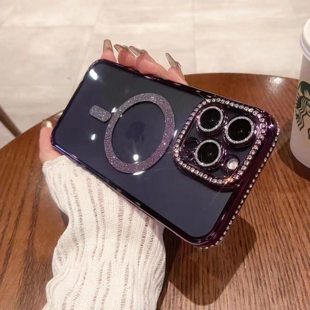 

Glitter Magnetic Suction Suitable for Apple 17 Rhinestone Mobile Phone Case Transparent Iphone16Pro Electroplating Anti Fall 15 Protective Case iPhone12promax