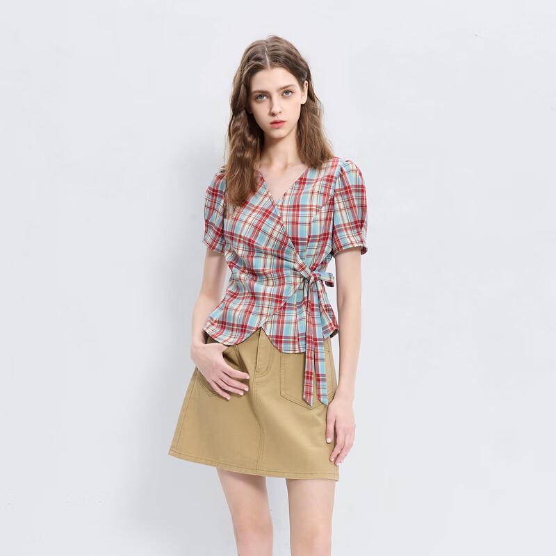 Women's Plaid V-neck Puff Sleeve Short Top