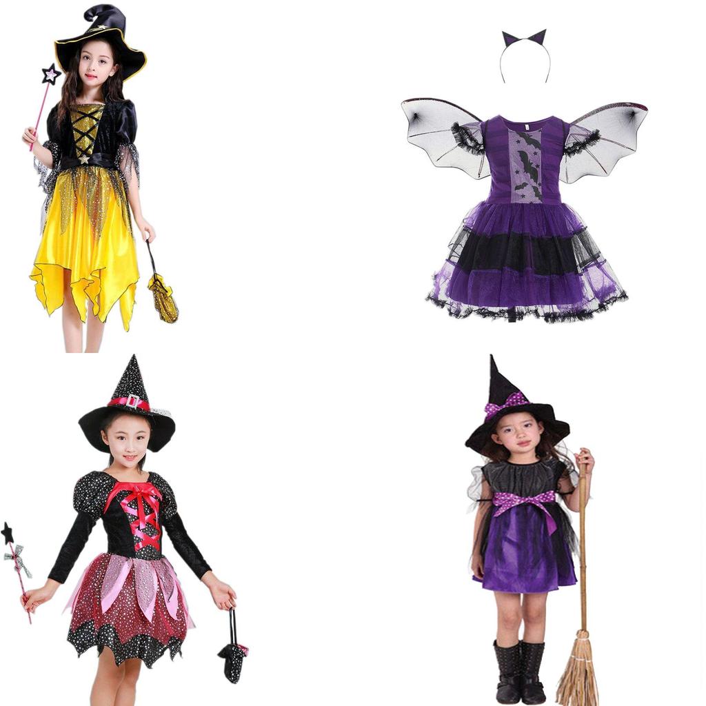 Adorable Children Halloween Witch Costume Gown For Girls With Stylish Bow Design