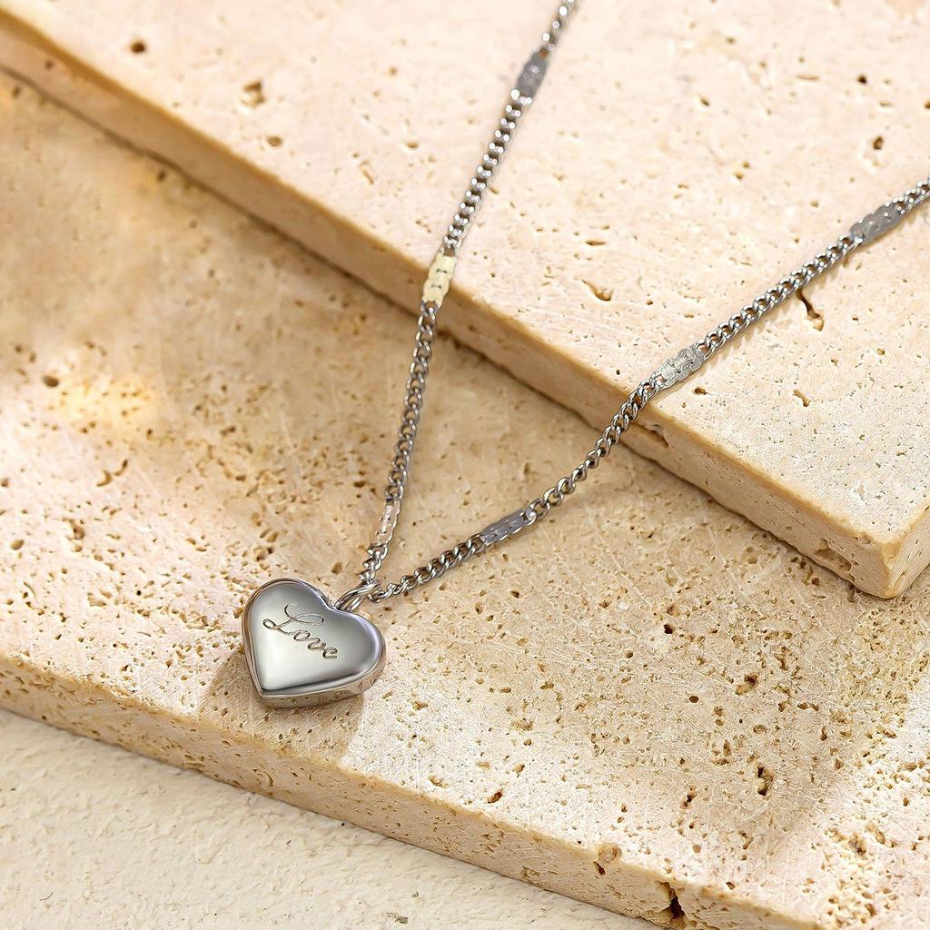 Engraved LOVE Heart Pendant Necklace for Women- 18K Gold Plated Stainless Steel Jewelry, Romantic Anniversary Gifts for Girl