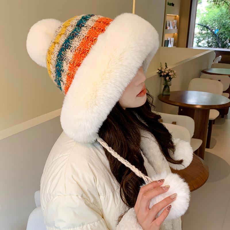 Autumn and Winter New Wool Hat Women's Warm Ear Protection Windproof Big Head Circumference Piled Thickened Hairball Knitted Hat