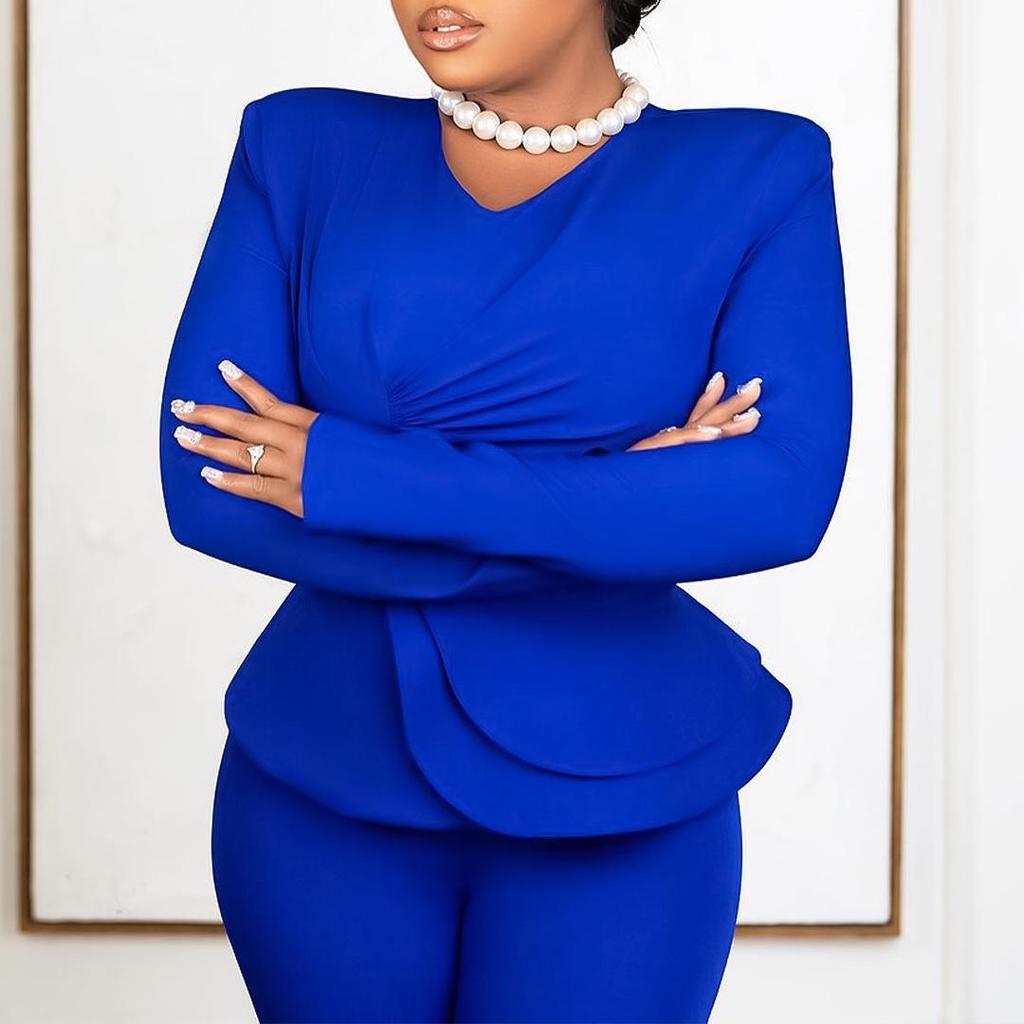 Autumn/Winter OL Ruffled V-Neck Top & Pants European-American Two-Piece Suit