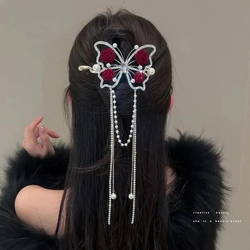 Fashion Butterfly Pearl Tassel Hair Claw Rhinestone Clip Korean Simple Shark Ponytail Crab Clip Hair Accessories for Girls Gifts