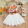 Children's Fashion Set Summer Girls Casual Printed Lace Halter Hollowed-out Cotton Dress Two-piece Set