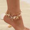 Tornozeleira Estilo Boho Oceânico com Estrela-do-Mar e Conchas com Strass e Pérolas