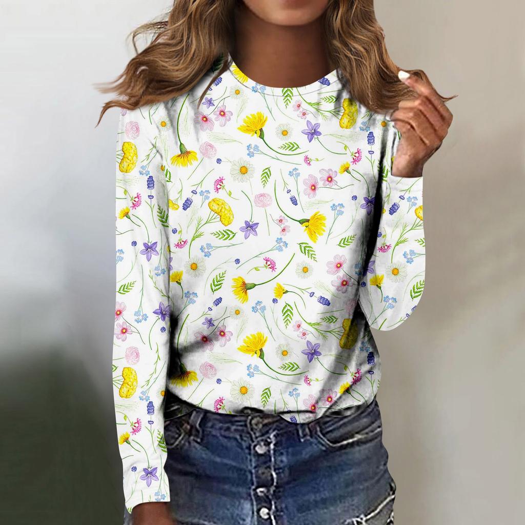 Damenmode, lässig, langärmelig, bedruckt, Rundhalspullover, Top-Bluse