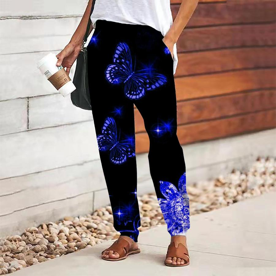 Women Butterfly Printing Pants Lace Up Elastic Waist Loose  Trousers Casual Long Pants Trousers with Pockets
