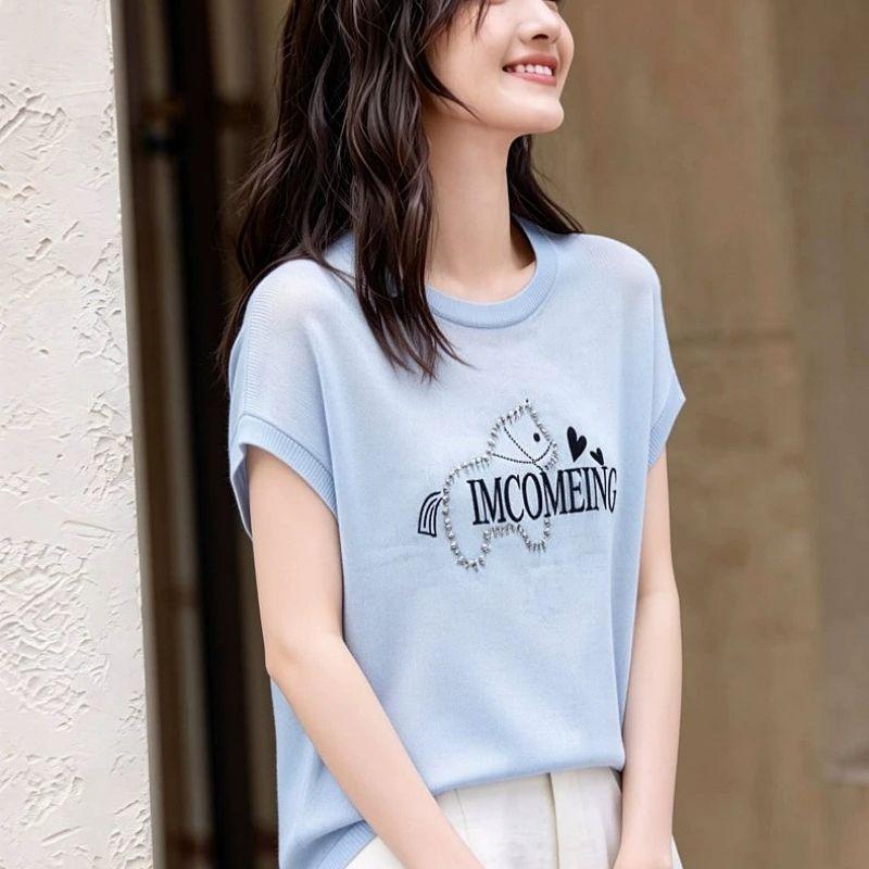 

Spring and Summer New Style Women s Fashionable Elegant Slimming Multi-Patterned Round-neck Short-Sleeved T-Shirt Knitted Sweater One size синій