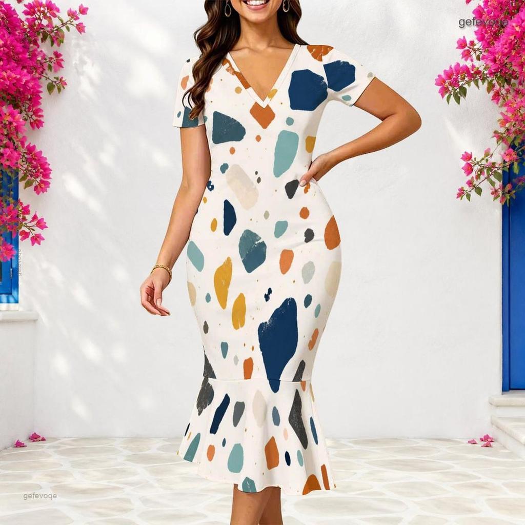 Women Plus Size V Neck Short Sleeve Geometric Printed Fitted Fishtail Dress