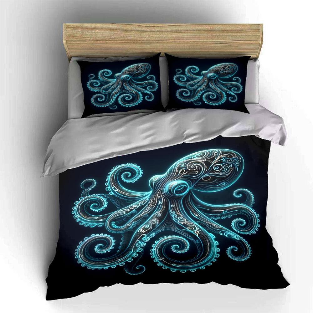 Leuchtendes, verziertes Oktopus-Design. Bedrucktes Bettwäsche-Set 1 Bettbezug 2 Kissenbezüge für Erwachsene und Kinder Luxuriöses Geschenk Vollgröße