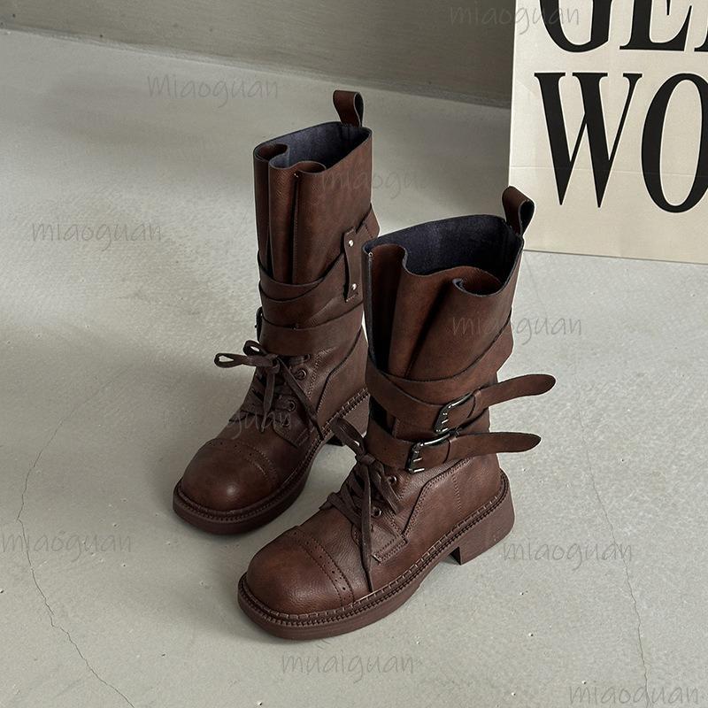 Design Metal Belt Buckle Mid Calf Boots Women 2025 Punk Medium Heel Western Cowboy Boots Autumn Winter Shoes Women 35 36