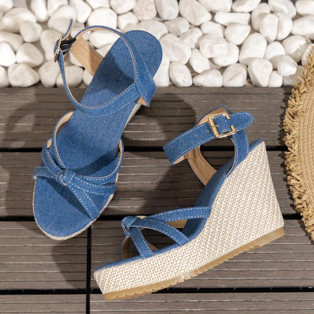 Sandali con zeppa e cinturino alla caviglia per donna 2024 Sandali estivi con plateau spesso Mujer Denim Tacchi super alti Sandali da gladiatore Donna