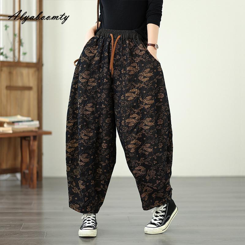 

Женские джинсы гаремы больших размеров весна-осень на кулиске с высокой посадкой с винтажным принтом мешковатые джинсовые брюки стильные повседневные свободные большого размера женские джинсы One Size