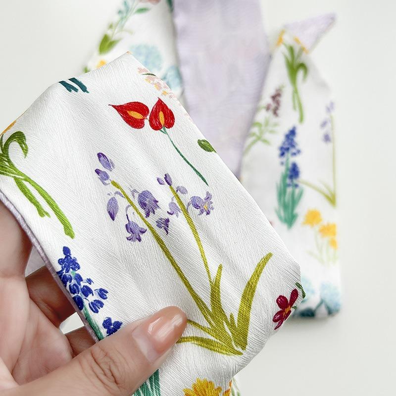 Spring Flower Print Silk Scarf Women's Versatile Long Strip Narrow Silk Scarf Pastoral Art Diagonal Streamer Tied Bag Ribbon