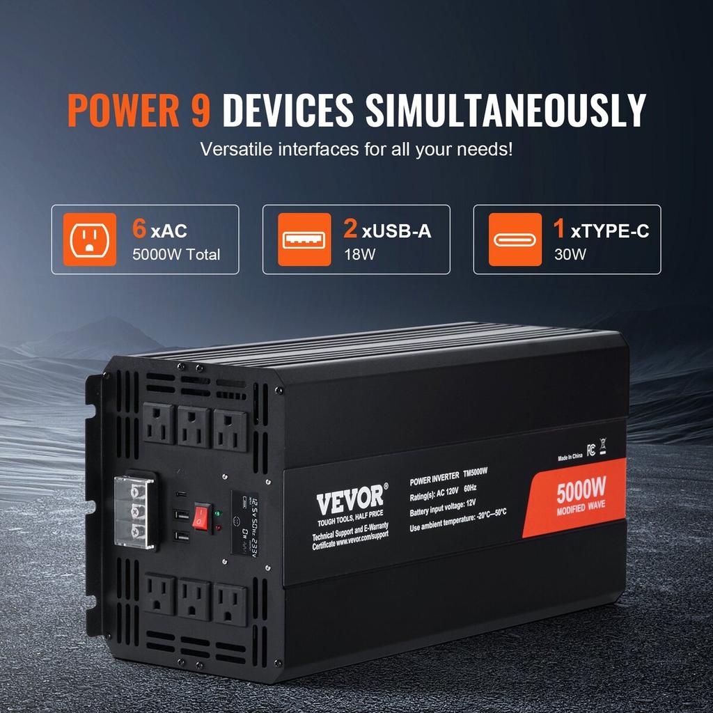 Modified Sine Wave Power Inverter 5000W DC12V To AC120V LCD Remote Control