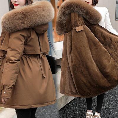 Sonbahar ve Kış Yeni Kadın Pamuklu Giysiler Moda Kapşonlu Peluş Kalınlaştırılmış Orta Uzunlukta Parka Ceket Rahat Kadın Ceket Büyük Beden XS-3XL