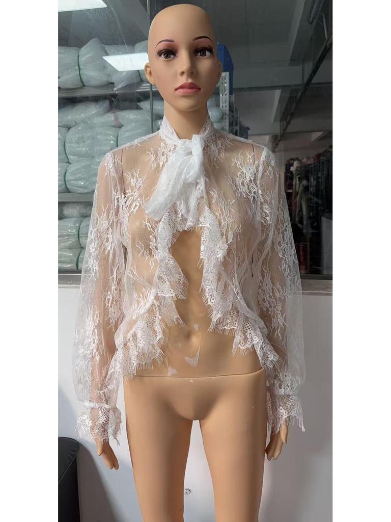 Frühlingshafter Euro-Amerikanischer Stylischer Durchsichtiger Spitzen-Langarmtop