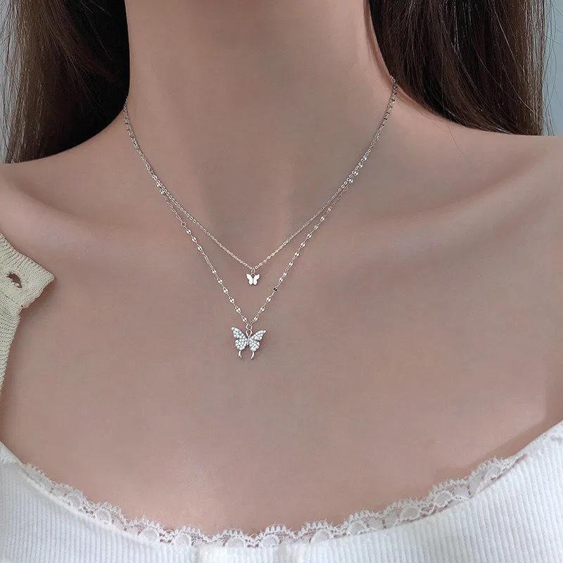 Simple Butterfly Double Layer Choker Necklace For Women Shiny  Butterfly Pendants Clavicle Chain Elegant Wedding Jewelry