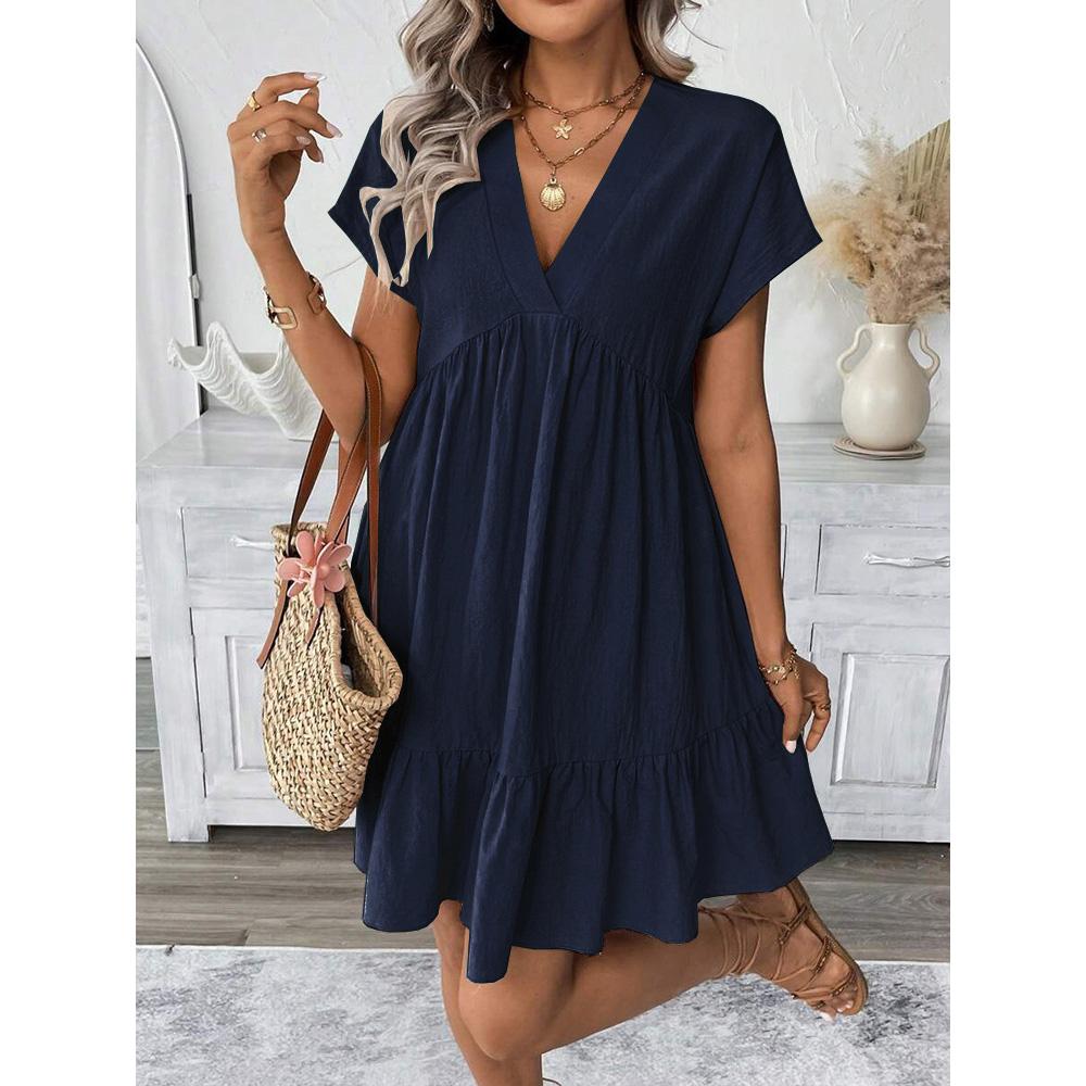 Summer Womens Short Sleeve Cotton Linen Mini Dress Ladies Pleated Ruffle Solid Dresses Casual V Neck Vintage Loose Vestidos