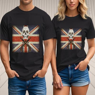 British Skull Flag T-Shirt Unisex Union Jack Pistols Grunge Biker Punk Tee