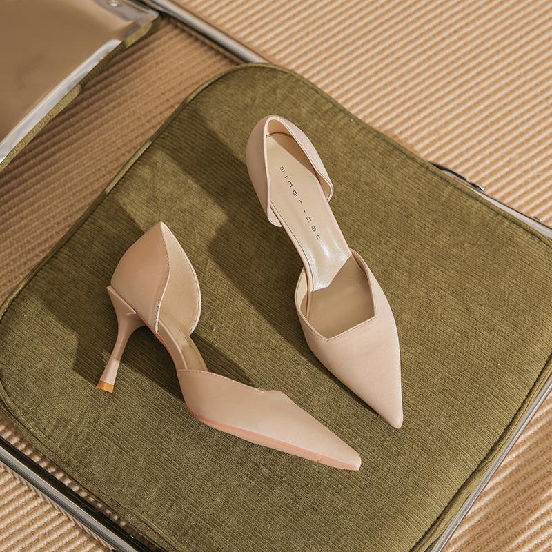 82319 [sheepskin] pointed high heels women's thin heels spring 2025 new French light mouth nude single shoes