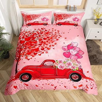 Valentine's Day Duvet Cover Set King Size,Red Truck Heart Tree Bedding Set,Rose Flowers Trailer Comforter Cover Romantic Gifts