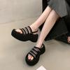 Muffin platform rhinestone sandals women's summer 2025 new one-word strap black versatile skirt heightening beach shoes