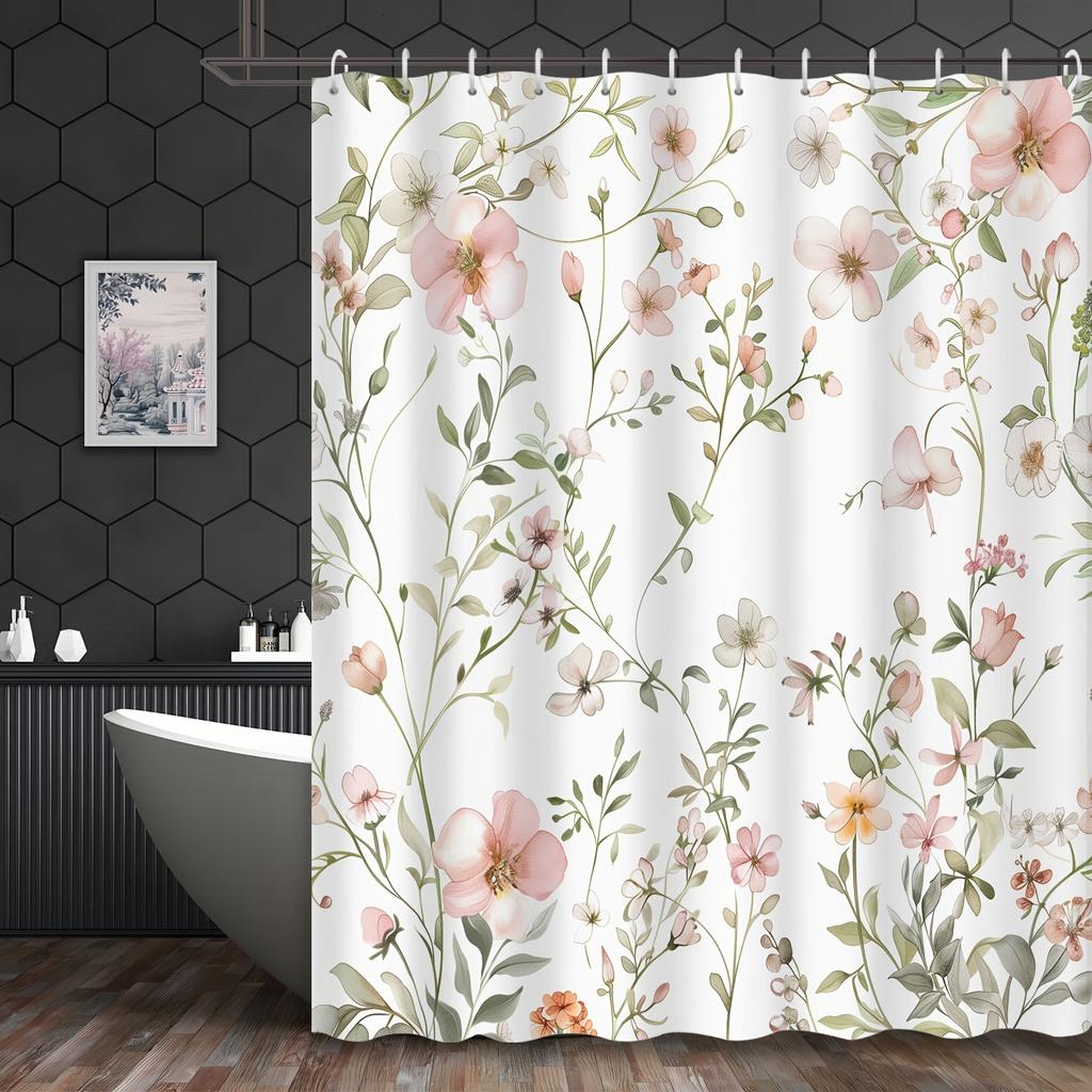Pink Floral Tropical Shower Curtain - French Country Cottage Style, Waterproof, Hotel & Apartment Bathroom Decor"