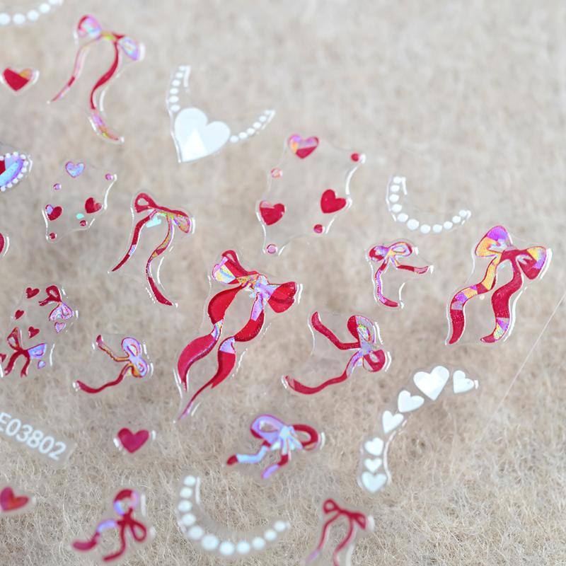 Aurora Francuska Wstążka Serce Naklejki na Paznokcie Perłowy Łańcuszek Miłość Klejące Naklejki na Paznokcie Walentynkowe Kokardki Naklejka do Manicure
