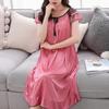 Satin Pajama Dress Women Lounge O-Neck Lace-up Short Sleeve Thin Sleeping Dress Ruffle Hem Summer Nightdress