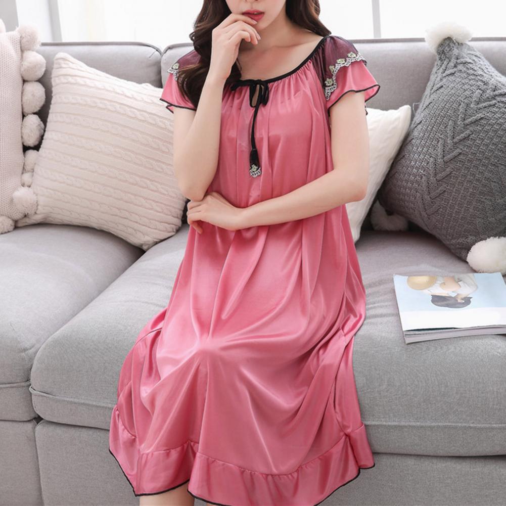 Satin Pajama Dress Women Lounge O-Neck Lace-up Short Sleeve Thin Sleeping Dress Ruffle Hem Summer Nightdress