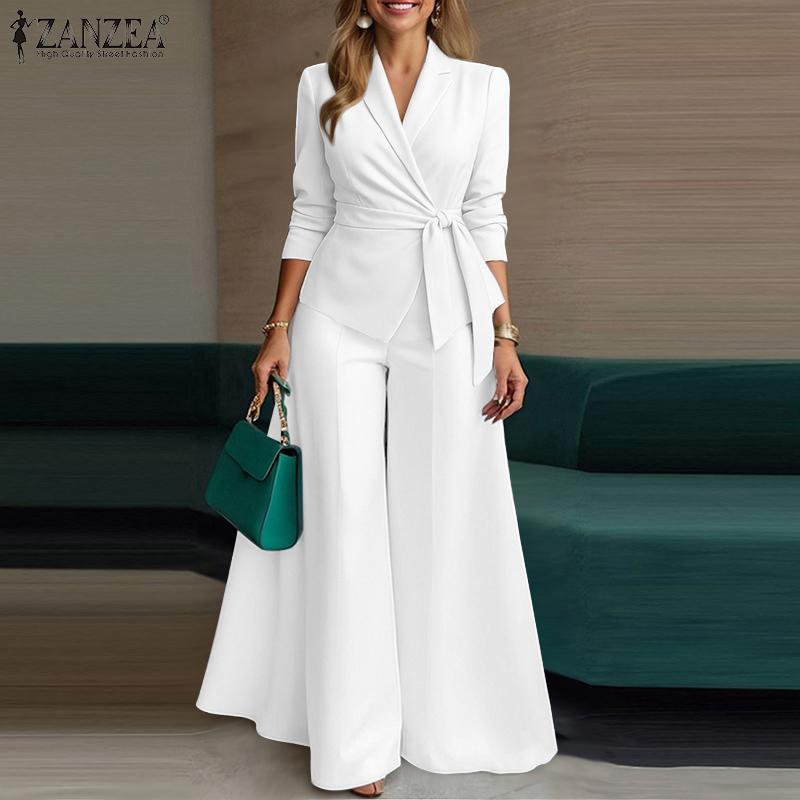ZANZEA Women Long Sleeve Blouse and Wide Leg Pants Casual Two Piece Suit Sets