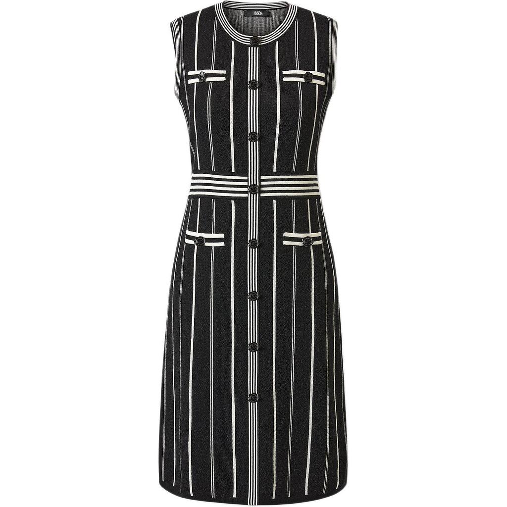 Karl Lagerfeld French Chic Striped Print Short Sleeve Round Neck Buttoned Sleeveless Dress Women Dresses Multicolor 236L1325