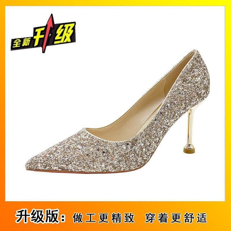 

Fashion thin heels high heels not tired feet wedding shoes French bride wedding shoes high sense sequins bridesmaid shoes 2025 new 40